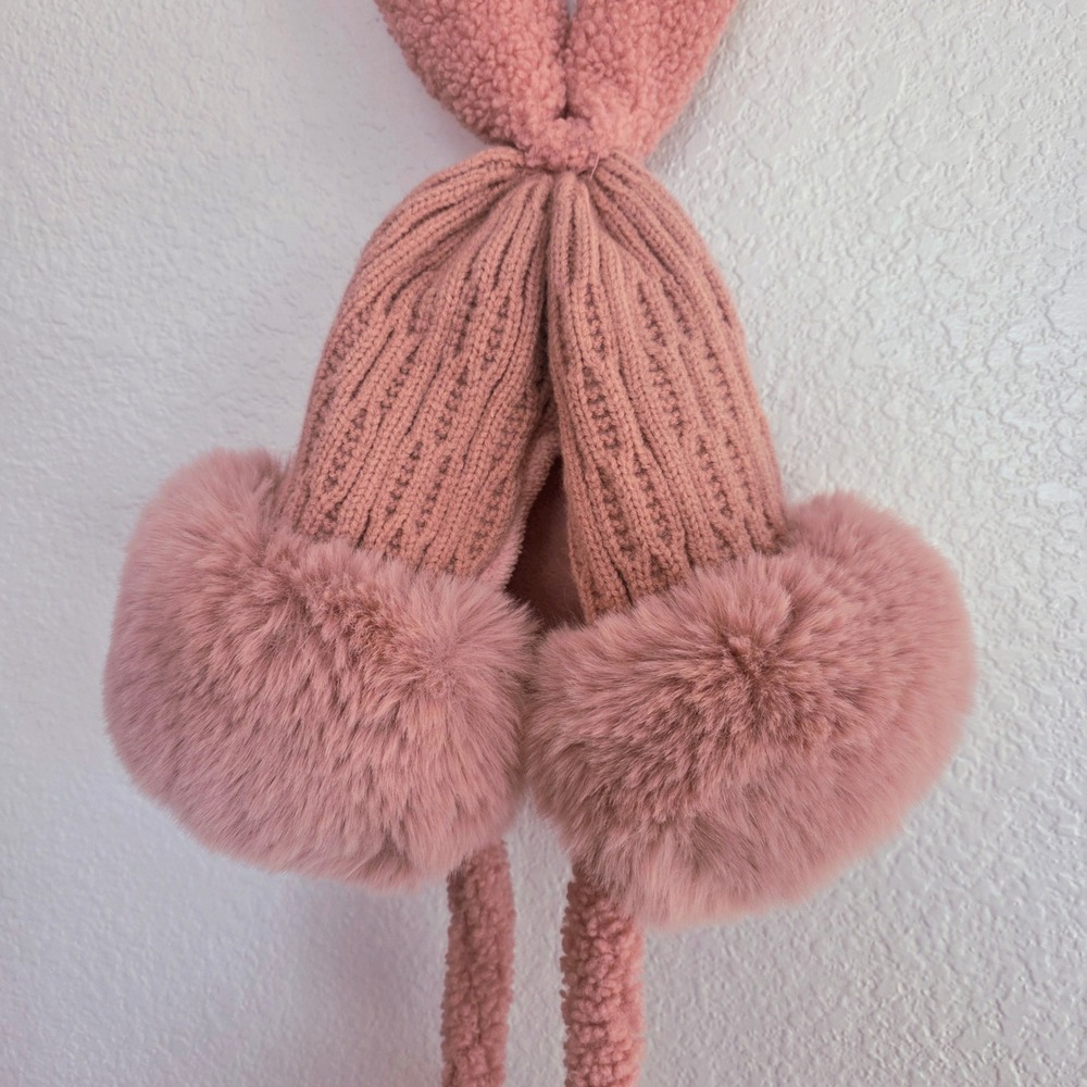 Pink Knit Beanie With Faux Fur Trim and‎ Bunny Ears - Picture 2 of 5